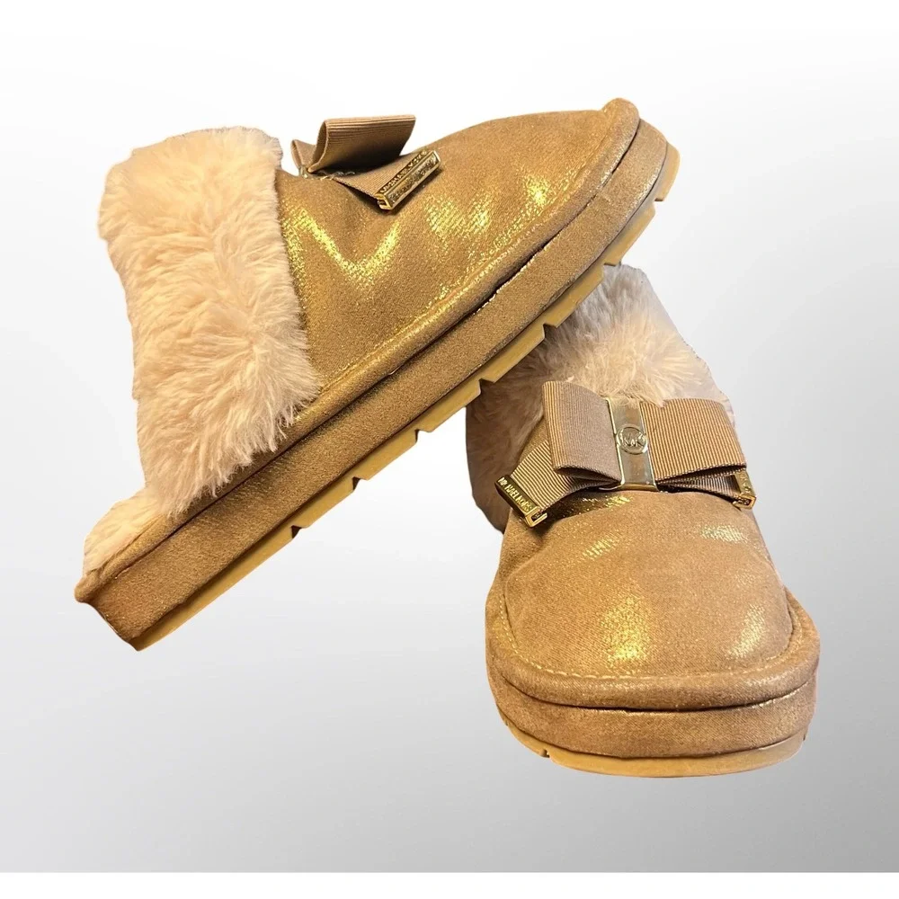 GUC Michael Kors Grace Bow Faux Fur Lined Mule Slippers Girls Size 1